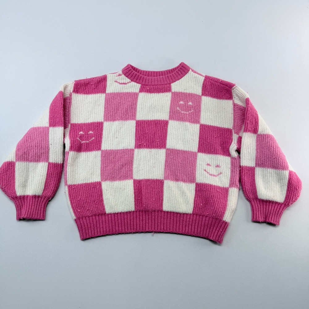 Old Navy Girls SoSoft Pink White Checkerboard Smiley Face Sweater Size S 6-7